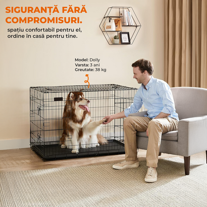 Cusca pentru Animale Elindor® Pliabila, Potrivita pentru Caini de Talie Medie si Mare de 23 Kg, Utilizare in Interior si Exterior sau Calatorii, cu 2 Usi, Baza din Plastic Detasabila, 2 Manere pentru Transport, Marime XXL, 107×69.5×75 cm,