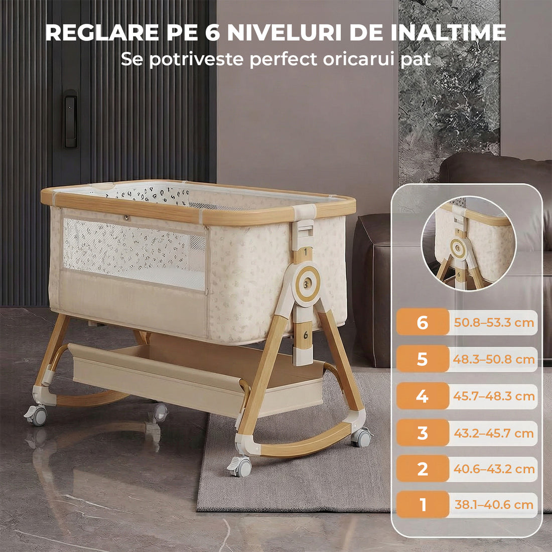 Patut Pliabil Bebelusi Elindor® 4 in 1, Copii 0-12 luni, Leagan Bebe, 6 Trepte de Inaltime Reglabila, Portabil, Plasa Laterala, Roti cu Sistem Blocare, Greutate Maxima 10 kg, Bej