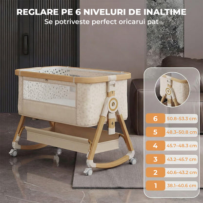 Patut Pliabil Bebelusi Elindor® 4 in 1, Copii 0-12 luni, Leagan Bebe, 6 Trepte de Inaltime Reglabila, Portabil, Plasa Laterala, Roti cu Sistem Blocare, Greutate Maxima 10 kg, Bej