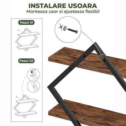 Set 2 Rafturi Elindor®, Raft Suspendat de Depozitare, Mobila Bucatarie, Dormitor, Baie sau Birou, Etajera Practica cu Design Aerisit, Usor de Asamblat, Perfecta pentru Organizare Carti, Condimente, Polita Produse Diverse, 76 × 14 × 38 cm, Maro / Negru