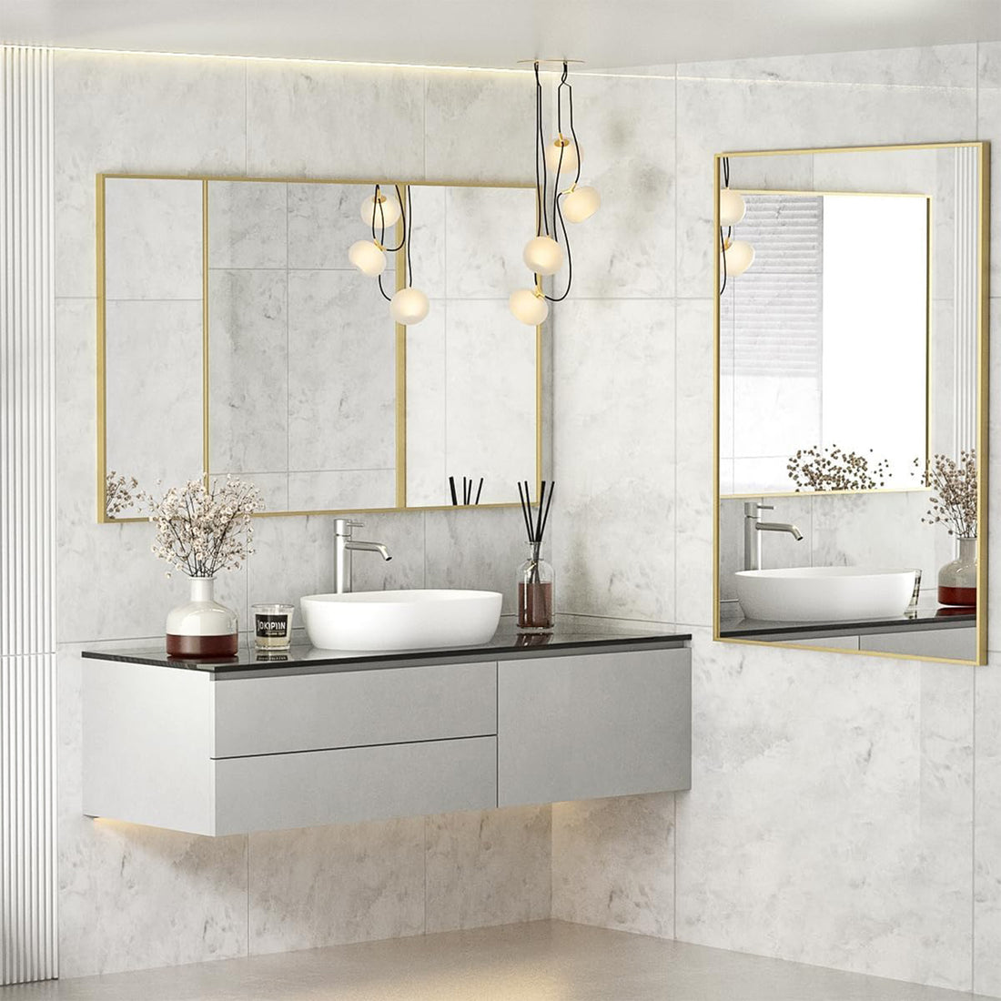 Oglinda Decorativa Elindor®  122 x 75 cm Rama  Aurie ,Agatare pe Perete sau Sprijinita, Dreptunghiulara, Moderna si Eleganta, Reflexie HD, Sticla fara Distorsiuni, Ideala pentru Dormitor, Living, Birou, Dressing, Hol, Baie