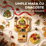 Platou pentru Servire Branzeturi si Aperitive Elindor® din Bambus, Tava Rotunda, Cutite Branzeturi, Boluri Ceramice, Platou de Bucatarie, 36.2 × 36.2 × 45 cm, Bej