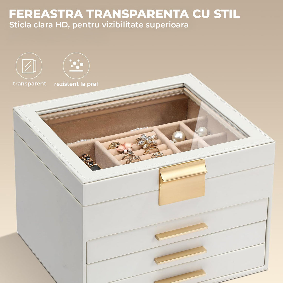 Cutie de Bijuterii Elindor® cu Capac, Organizator 4 Niveluri, 3x Sertar, Spatiu de Depozitare Inel, Verighete, Lantisoare, Bratari, Cercei, Caseta din Material Catifelat, Design Rafinat, Simplu si Elegant, Piele Ecologica, Bej