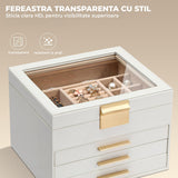 Cutie de Bijuterii Elindor® cu Capac, Organizator 4 Niveluri, 3x Sertar, Spatiu de Depozitare Inel, Verighete, Lantisoare, Bratari, Cercei, Caseta din Material Catifelat, Design Rafinat, Simplu si Elegant, Piele Ecologica, Bej