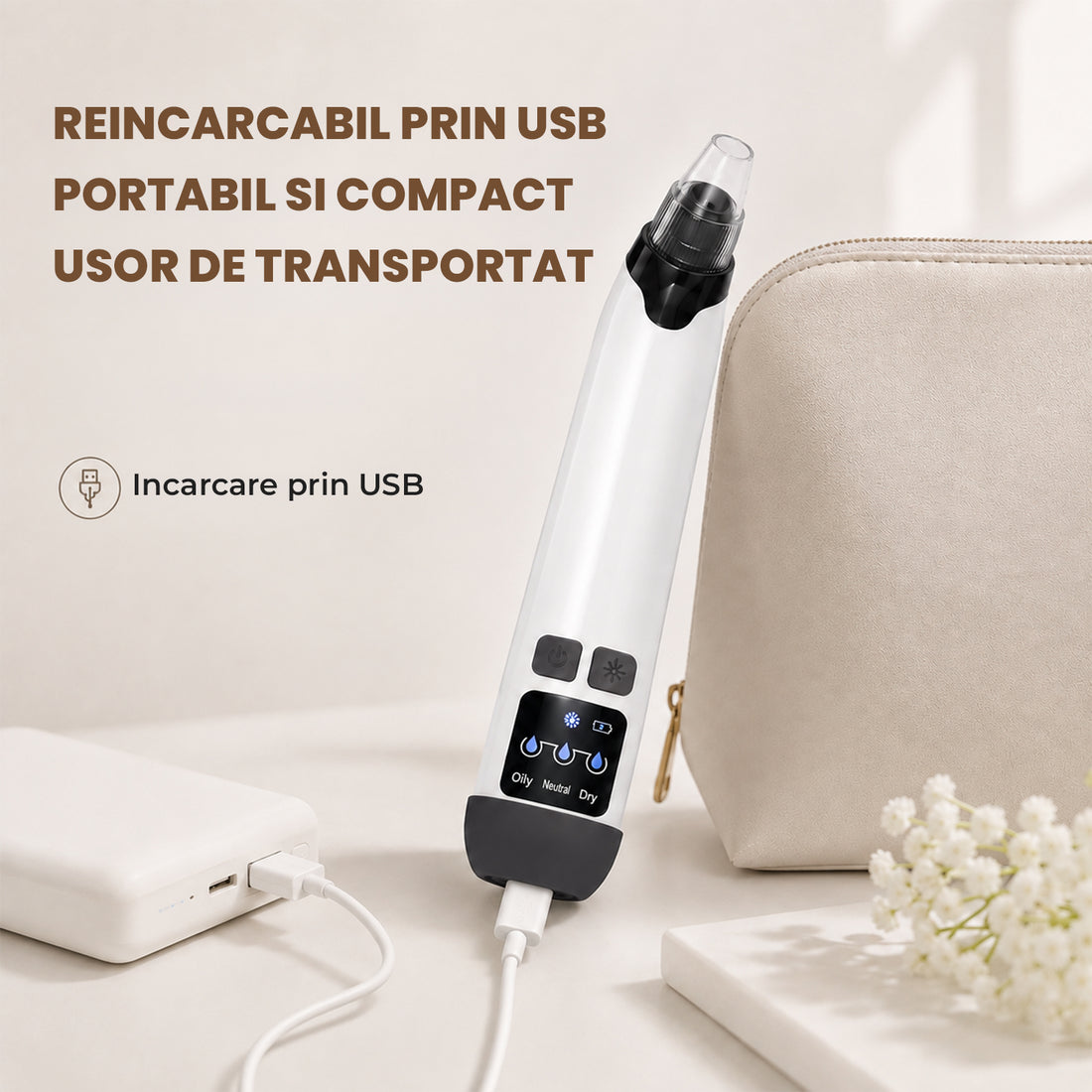 Aparat pentru Puncte Negre Elindor® Aspirator Reglabil, 4 Capete Incluse, 3 Trepte de Viteza, Ingrijirea Tenului, Alb