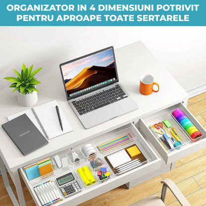 Set 15 Cutii Depozitare Elindor® Organizator pentru Bucatarie si Baie, 4 Marimi, Organizatoare Dulap si Sertare, Cutie pentru Sertar, Frigider, Camara, Baie, Bar, Birou, Cos Multifunctional, Separator Fructe, Legume, Creme, Parfumuri, PP