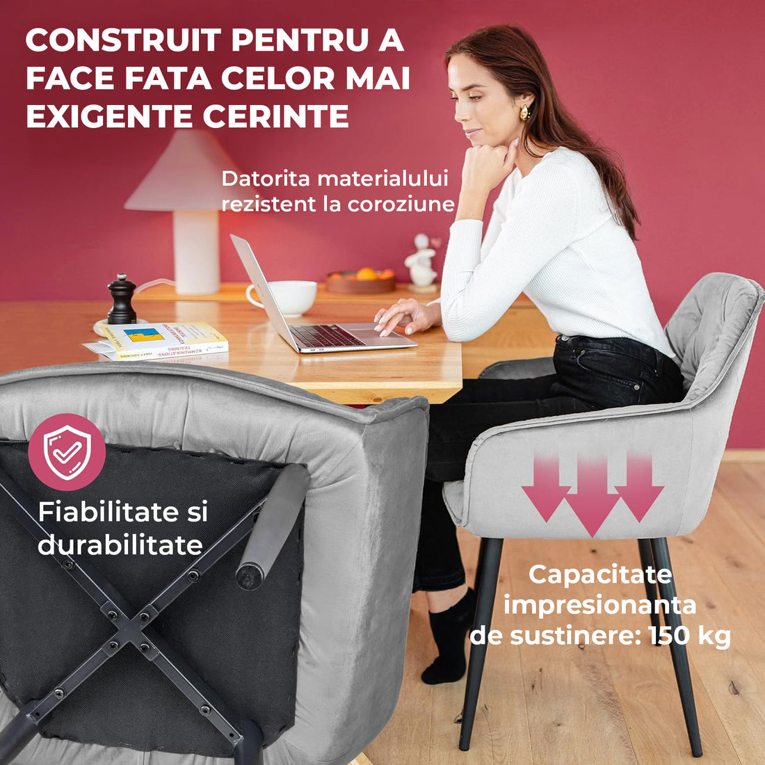 Set 2 Scaune Elindor® Ergonomice, Design Contemporan, Scaun cu Spatar si cu Manere, din Catifea cu Picioare Metalice Negre, Potrivite pentru Living, Bucatarie, Birou, Dormitor, Latime Sezut 55 cm, Gri