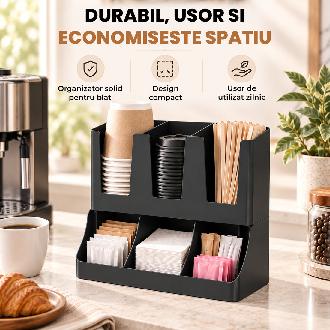 Organizator Multifunctional Elindor® pentru Bucatarie, Cafea si Birou, 6 Compartimente, Suport pentru Pahare, Capace, Pliculete si Accesorii, Design Compact, Ideal pentru Cafenele, Localuri, Acasa, ABS, 29.8 x 13.8 x 29.2 cm, Negru