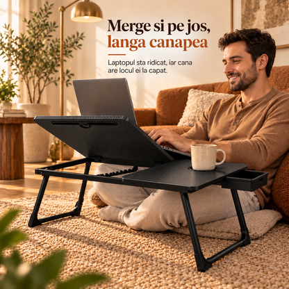 Masa Pliabila pentru Laptop Elindor® cu Suport Pahar, Antiderapanta, Unghiuri de Inclinare, Usor de Depozitat, Birou Portabil Utilizare in Orice Loc, Ideala la Munca sau Mic Dejun la Pat, Negru