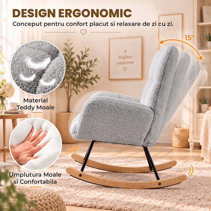 Fotoliu Balansoar Elindor® cu Spatar, Ergonomic, Cadru Solid din Otel, Ideal pentru Living, Dormitor, Camera Copilului, 68 x 88 x 93 cm, Gri Albastrui Deschis