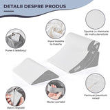 Perna Ortopedica Triunghiulara Elindor® pentru Pat, Perna din Spuma cu Memorie, Set 4 Piese, Suport Spate, Cap, Post-Operator, Anti-Reflux, Antisforait, Antirid, Husa Detasabila cu Fermoar, Reglabil cu Velcro, 57 x 57 cm, Alb / Gri
