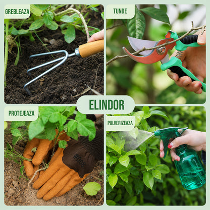 Set 8 Accesorii Elindor® pentru Gradinarit, Instrumente din Otel Inoxidabil, cu Maner Ergonomic din Lemn de Fag, Geanta de Gradina cu Maner si 5 Buzunare, Model Floral, Manusi Protectie, Grebla, Lopatica, Sticla Pulverizare, Cleste, Accesorii Plante