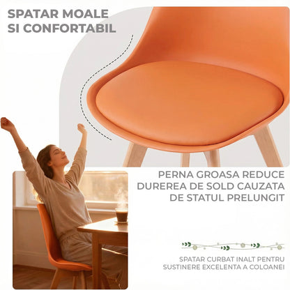 Set 4 Scaune Bucatarie Elindor® din Piele Ecologica, Picioare din Lemn, Scaun Confortabil, Perna Sezut, Elegant, pentru Bucatarie, Dormitor, Living, 50 x 45 x 81 cm, Portocaliu