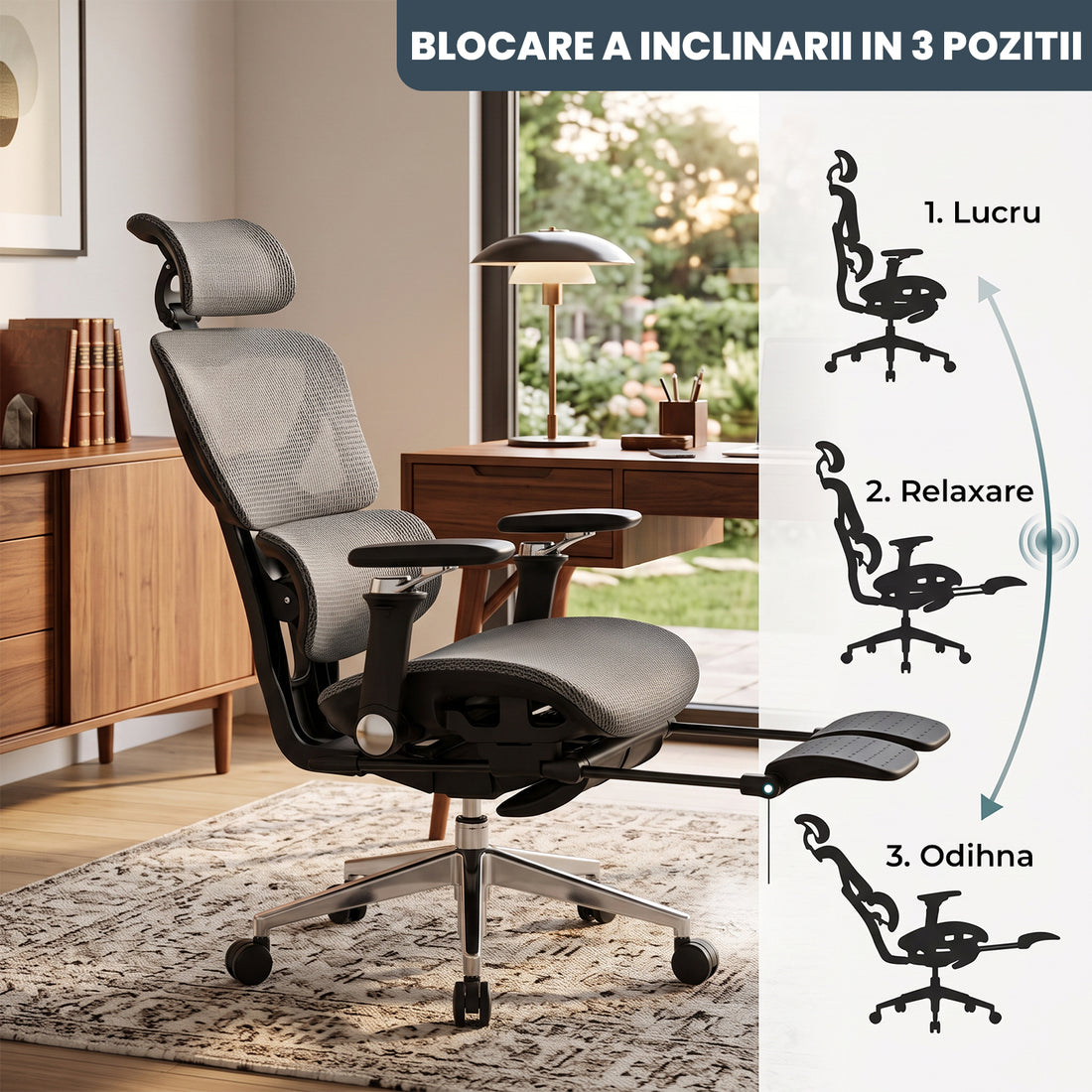 Scaun de Birou Elindor® Ergonomic, cu Functie de Masaj, Scaun cu Spatar si Manere, din Plasa, Suport pentru Picioare si Lombar, cu Roti, Inaltime Reglabila 115 - 125 cm, Negru