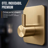 Set 6 Carlige Adezive Elindor® din Otel Inoxidabil, Montare Fara Gaurire, Greutate Mxima Suportata 10 kg, Design patrat si Colturi Rotunjite, Instalare Usoara, Ideal pentru Baie, Bucatarie sau Birou, 4.5 x 4.5 cm, Auriu