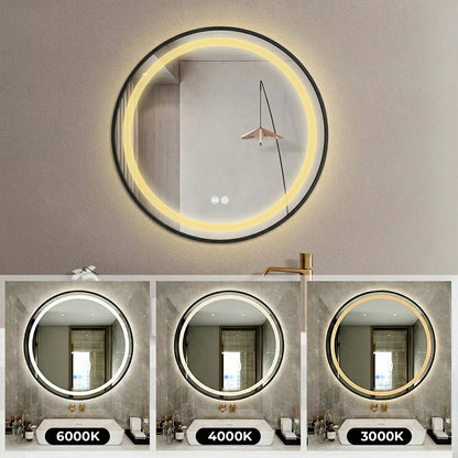 Oglinda de Perete Elindor® Rotunda, Antiaburire, cu Rama Neagra, Ideala pentru Baie, Iluminare Led, 3 Culori Lumina, Dimabila, Buton ON/OFF Luminat si Noaptea, Rezistenta la Umiditate IP44, 60 x 60 cm