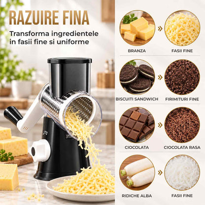 Razatoare Rotativa 3 in 1 Elindor® cu Maner, Lame din Otel Inoxidabil, Tocator Legume, Razatoare Branza, Morcovi, Varza, Ustensila de Bucatarie, Design Compact, Multifunctional, Negru