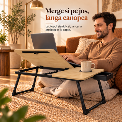 Masa Pliabila pentru Laptop Elindor® cu Suport Pahar, Antiderapanta, Unghiuri de Inclinare, Usor de Depozitat, Birou Portabil Utilizare in Orice Loc, Ideala la Munca sau Mic Dejun la Pat, Bej / Negru