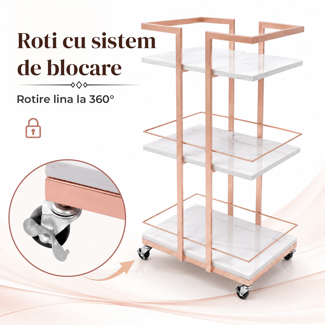 Carucior Organizator 3 Niveluri Elindor® , cu Roti 360°, Organizator Baie, Multifunctional, Raft Mobil Organizare Salon, Bucatarie, Camara, Birou, Bar, 76 x 33 x 43 cm, Rose Gold