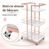 Carucior Organizator 3 Niveluri Elindor® , cu Roti 360°, Organizator Baie, Multifunctional, Raft Mobil Organizare Salon, Bucatarie, Camara, Birou, Bar, 76 x 33 x 43 cm, Rose Gold
