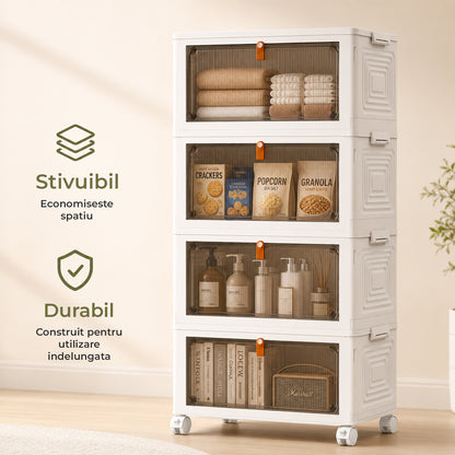 Organizator 4 Nivele Elindor® Carucior cu Roti, Modular, Ajustabil, Raft Mobil Organizare Baie, Camara, Birou, Bar, Dulap pentru Depozitare Legume, Fructe, Detergenti, Parfumuri, Haine, 4x Cutie Detasabila, 39 x 28 x 78.5 cm, Alb