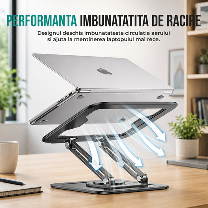 Suport Laptop si Tableta Elindor®, Masa Ergonomica Reglabila si Portabila, Stand Universal cu Baza Rotativa 360°, Antiderapanta, Compatibil 10–15.5 Inch, Ideal pentru Birou, Acasa si Calatorii, Negru