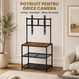 Suport TV Premium Elindor®, Stand cu Montaj pentru Televizoare 23-50 inch, Raft 3 Polite de Depozitare, Latime si Picioare Reglabile, din Cadru Metalic si Lemn, pentru Living si Dormitor, 43.2 x 33.4 x 17.7 cm, Maro Rustic