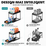 Organizator Multifunctional Elindor® pe 2 Nivele, Sertar Glisant Organizare, pe Blat sau in Dulap sub Chiuveta, 16 Carlige, Suport Plastic, pentru Bucatarie, Baie, Camara, Bar, Raft cu Sertare Depozitare Legume, Detergenti, Parfumuri, 39.5x21.6x39, Negru