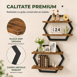 Set 2 Rafturi Elindor®, Raft Suspendat de Depozitare, Mobila Bucatarie, Dormitor, Baie sau Birou, Etajera Practica cu Design Aerisit, Usor de Asamblat, Perfecta pentru Organizare Carti, Condimente, Polita Produse Diverse, 80 x 39 x 18.5 cm, Maro / Negru