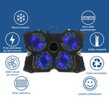 Cooler Laptop Gaming RGB Elindor® Suport cu Unghi Reglabil pe 2 Nivele, Viteza Ajustabila, Dimensiuni Compatabile 11-19 Inch, 4 Ventilatoare Puternice si Silentioase, 2 Porturi USB, Suport Telefon, pentru Birou, Calatorii, 40.5 × 28.5 × 3.1 cm, Albastru