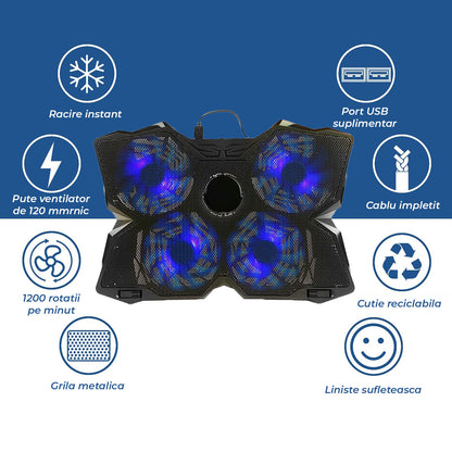 Cooler Laptop Gaming RGB Elindor® Suport cu Unghi Reglabil pe 2 Nivele, Viteza Ajustabila, Dimensiuni Compatabile 11-19 Inch, 4 Ventilatoare Puternice si Silentioase, 2 Porturi USB, Suport Telefon, pentru Birou, Calatorii, 40.5 × 28.5 × 3.1 cm, Albastru