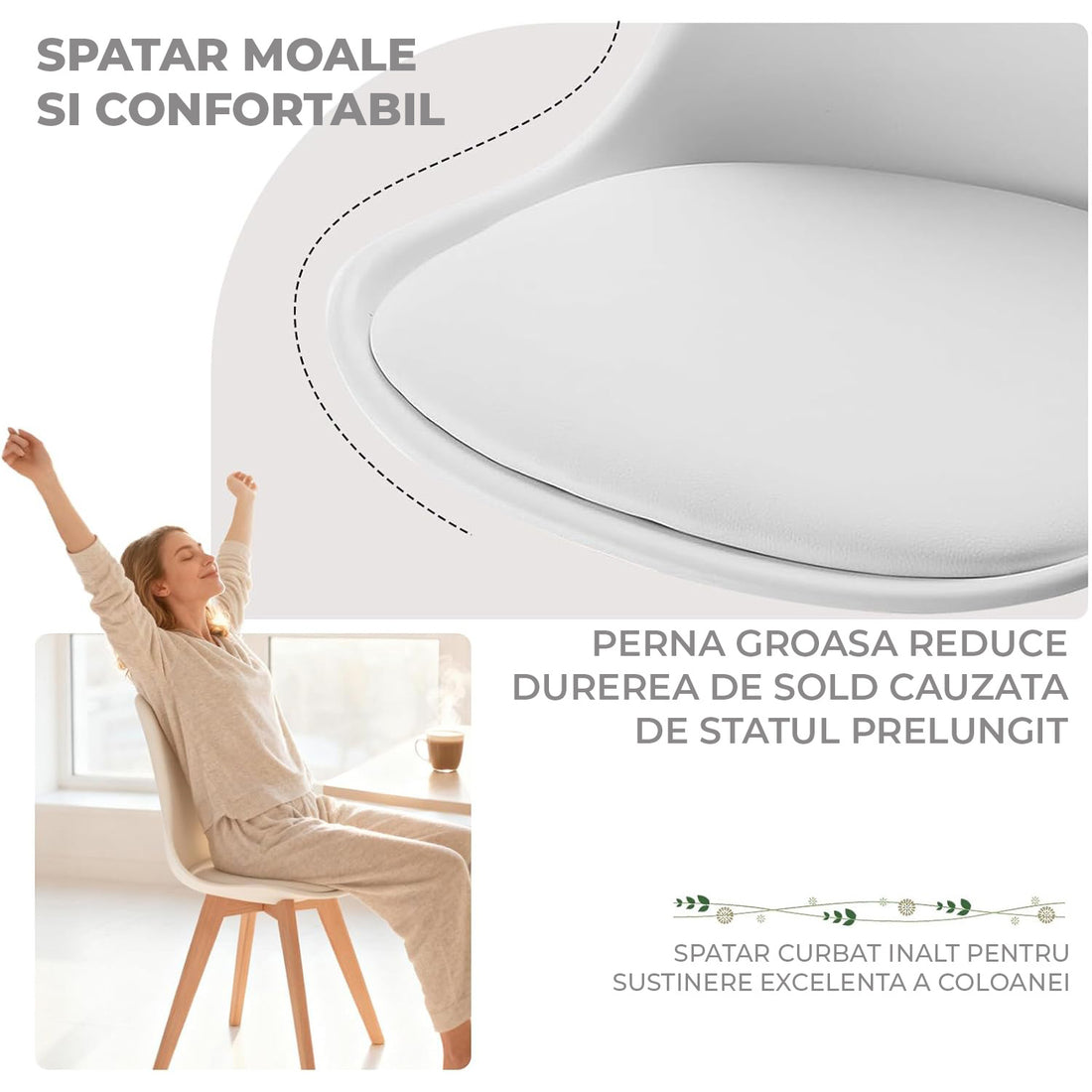 Set 4 Scaune Bucatarie Albe Elindor® din Piele Ecologica, Picioare din Lemn, Scaun Confortabil, Perna Sezut, Elegant, pentru Bucatarie, Dormitor, Living, 50 x 45 x 81 cm