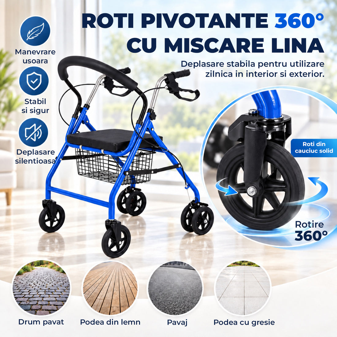 Cadru de Mers Elindor®, Pliabil, cu 4 Roti, Sezut Captusit, Spatar, Frane de Mana cu Blocare, Manere Reglabile pe 4 Niveluri, Cos Depozitare, pentru Persoanele cu Dificultati Locomotorii sau in Etate, Sarcina 120 kg, Albastru