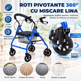 Cadru de Mers Elindor®, Pliabil, cu 4 Roti, Sezut Captusit, Spatar, Frane de Mana cu Blocare, Manere Reglabile pe 4 Niveluri, Cos Depozitare, pentru Persoanele cu Dificultati Locomotorii sau in Etate, Sarcina 120 kg, Albastru