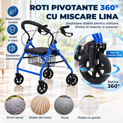 Cadru de Mers Elindor®, Pliabil, cu 4 Roti, Sezut Captusit, Spatar, Frane de Mana cu Blocare, Manere Reglabile pe 4 Niveluri, Cos Depozitare, pentru Persoanele cu Dificultati Locomotorii sau in Etate, Sarcina 120 kg, Albastru