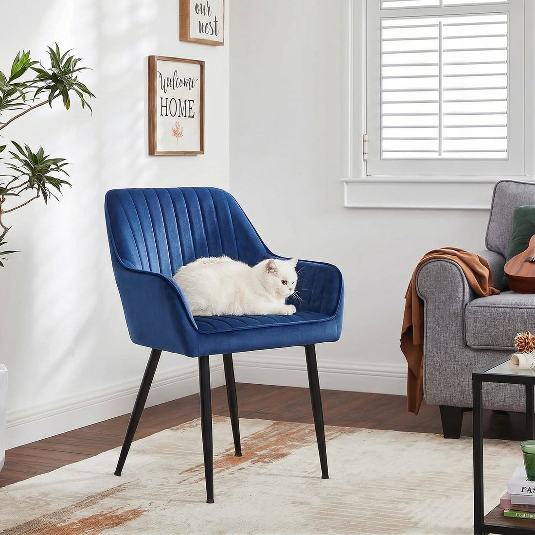 Set 2 Scaune Elindor® Ergonomice, Design Contemporan, Scaun cu Spatar si cu Manere, din Catifea cu Picioare Metalice Negre, Potrivite pentru Living, Bucatarie, Birou, Dormitor, 90x60x45 cm, Albastru