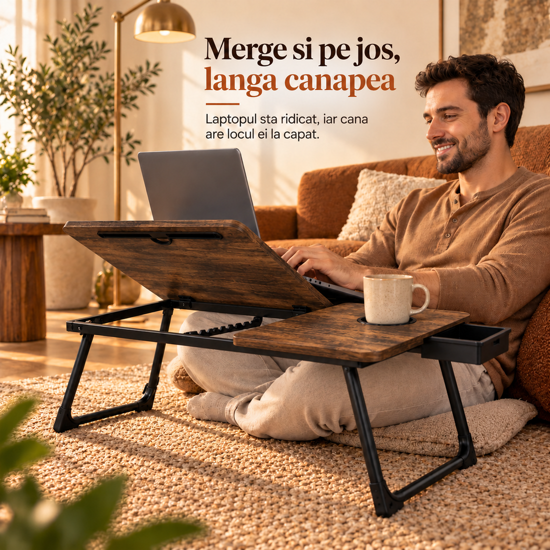 Masa Pliabila pentru Laptop Elindor® cu Suport Pahar, Antiderapanta, Unghiuri de Inclinare, Usor de Depozitat, Birou Portabil Utilizare in Orice Loc, Ideala la Munca sau Mic Dejun la Pat, Maro Inchis / Negru