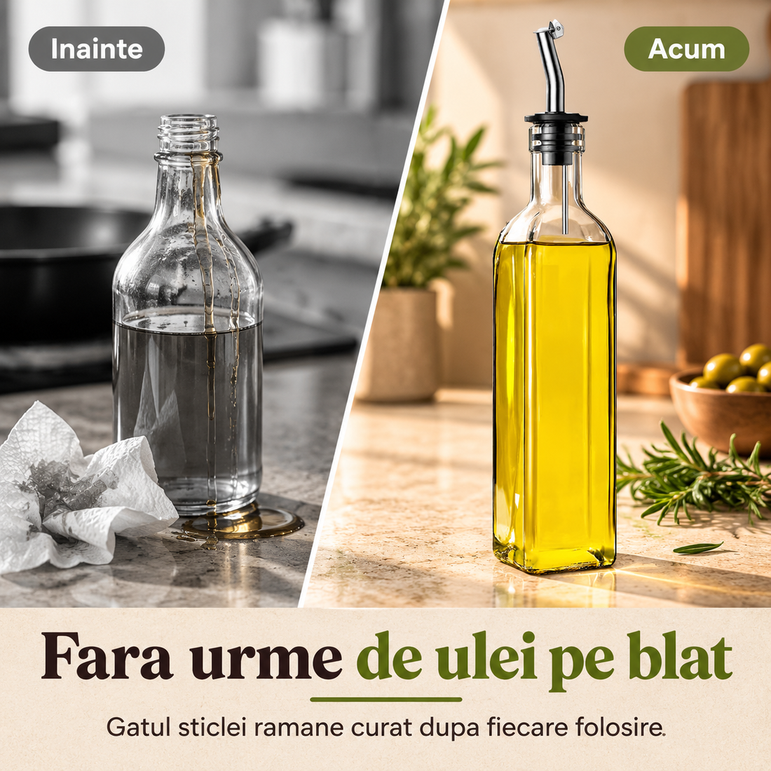 Set 2 Sticle pentru Ulei si Otet Elindor® 500ml, Oliviera Dozatoare Multifunctionala, Control Precis, pentru Gatit, Friteuza cu Aer, Salate, Material Sticla si Inox, Design Dual pentru Ulei si Otet, Transparent