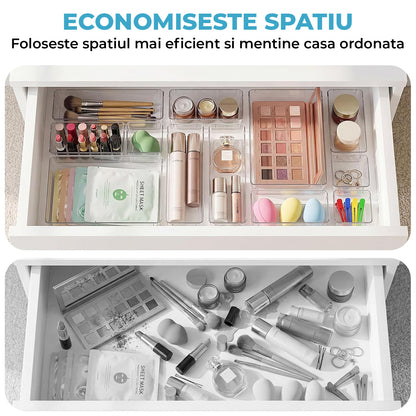 Set 16 Cutii Depozitare Elindor® Organizator pentru Bucatarie si Baie, 4 Marimi, Organizatoare Dulap si Sertare, Cutie pentru Sertar, Frigider, Camara, Baie, Bar, Birou, Cos Multifunctional, Separator Fructe, Legume, Creme, Parfumuri, PP