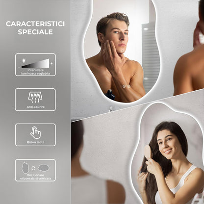 Oglinda de Perete Elindor® Asimetrica, fara Rama, Decorativa, Verticala / Orizontala, Eleganta, Ideala pentru Baie, Birou, Hol, Living, Dressing, Iluminare Led, Intensitate Ajustabila, Antiaburire, Tempera de Culoare 4500K, 85 x 52 cm