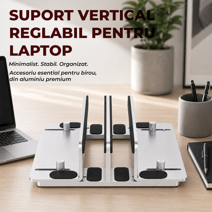 Suport Vertical Elindor® pentru Laptop, Tableta, Notebook si Carti, cu 3 Sloturi, Reglabil, Stand Universal, Compatibil Pana la 17.3 Inch, Ideal pentru Birou, Acasa, 14.5 x 14.2 x 4.6 cm, Argintiu