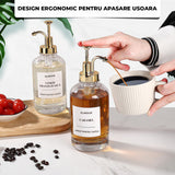 Set 4 Dispensere Sirop Cafea Elindor® din Sticla cu Pompa Aurie Inox si Plastic, Organizator Bucatarie, Organizatoare Sertar, Recipient 500 ml, 22 × 8.1 cm, Transparent