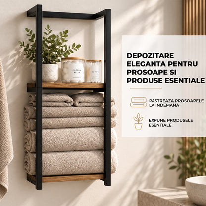 Raft Prosop Elindor® Etajera Prosoape Dus, Suport Organizare Perete sau Podea, Organizator Baie, Polita din Otel Carbon si Lemn, 77 x 28.5 x 14 cm, Negru
