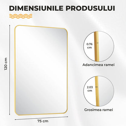 Oglinda Decorativa Elindor® 122x75cm Rama Aurie, Agatare pe Perete sau Sprijinita, Dreptunghiulara, Colturi Rotunjite, Moderna si Eleganta, Reflexie HD, Sticla fara Distorsiuni, Ideala pentru Dormitor, Living, Birou, Dressing, Hol, Baie