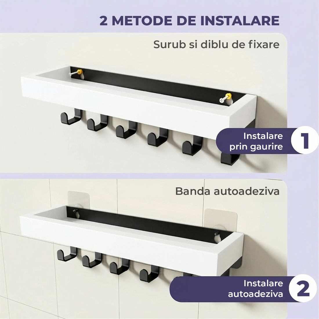 Suport pentru Chei din Lemn Elindor® pentru Perete, cu 6 Carlige, Maontare cu Adeziv sau Suruburi, Compact si Durabil, pentru Hol, Sufragerie, Bucatariei, Dormitor, 25 x 6 x 6 cm, Alb