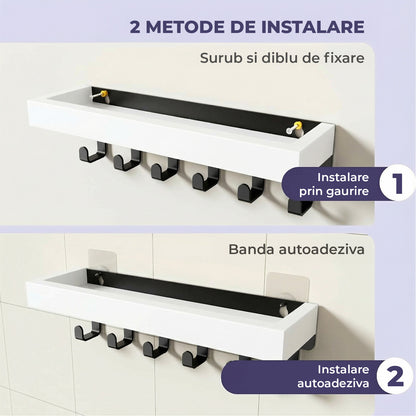 Suport pentru Chei din Lemn Elindor® pentru Perete, cu 6 Carlige, Maontare cu Adeziv sau Suruburi, Compact si Durabil, pentru Hol, Sufragerie, Bucatariei, Dormitor, 25 x 6 x 6 cm, Alb