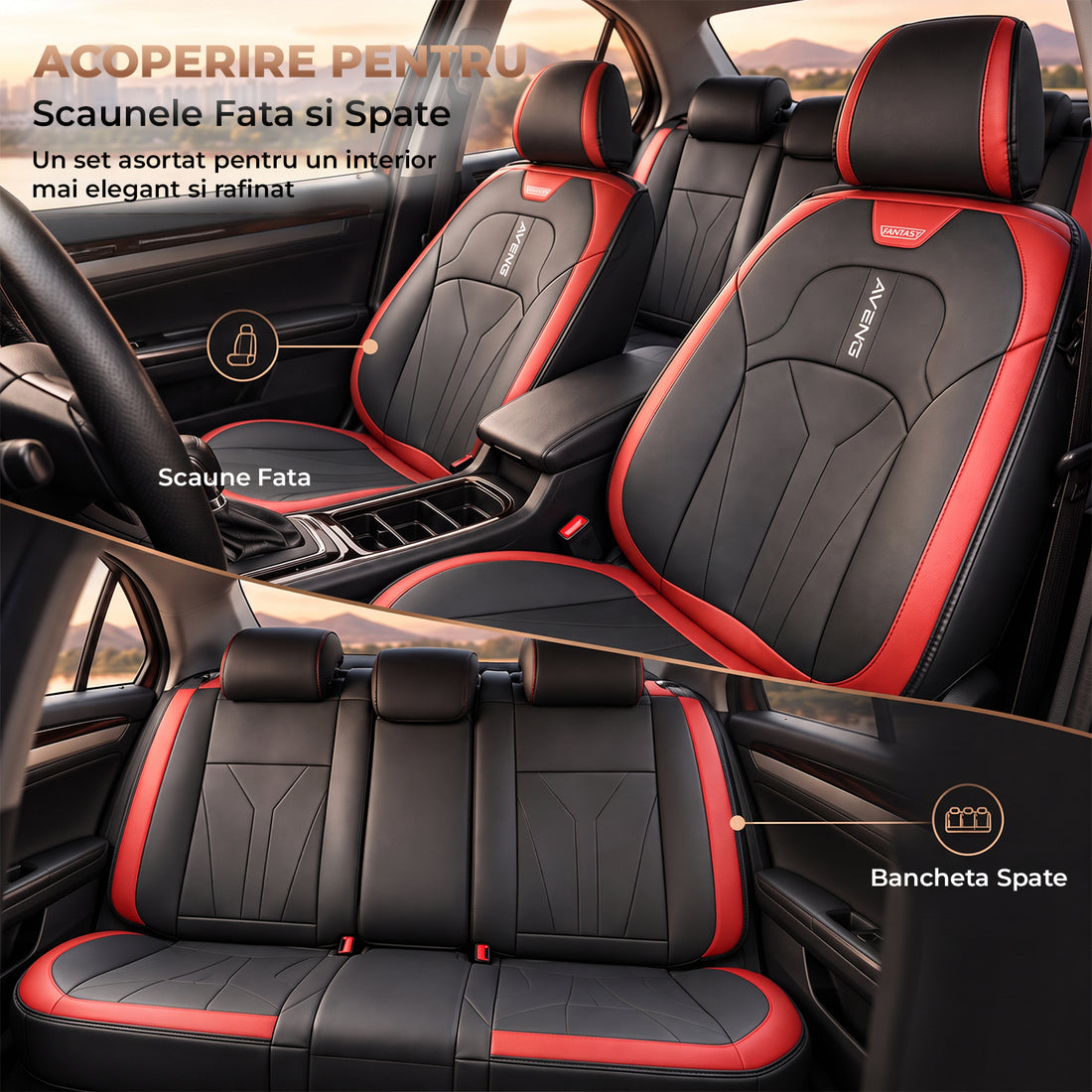Set 5 Huse Scaune de Masina Elindor®, Huse Auto Piele, Impermeabile, Universale, Protectie Scaun Fata si Spate, Montaj Rapid, Accesorii Masina Interior, Negru / Rosu