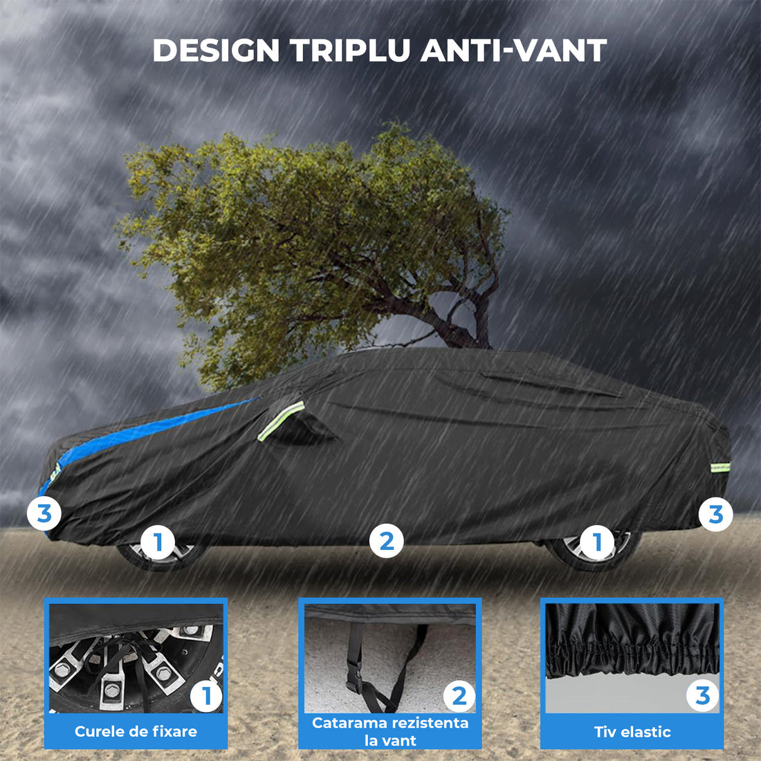 Prelata Auto Premium Elindor® Impermeabila, Antisoare, Praf, Ploaie si Zapada, Protectie UV, Toate Anotimpurile, Husa Exterior, Huse Protectie Completa, Universala, Accesorii Masina, Marime Hatchback M, 382 × 165 × 120 cm, Negru