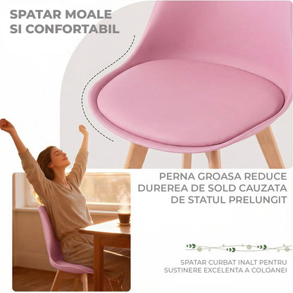 Set 4 Scaune Bucatarie Roz Elindor® din Piele Ecologica, Picioare din Lemn, Scaun Confortabil, Perna Sezut, Elegant, pentru Bucatarie, Dormitor, Living, 50 x 45 x 81 cm