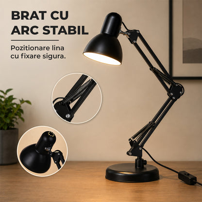 Lampa de Birou Elindor® Neagra cu LED, 3 Moduri Lumina Camera Rece/Cald si 10 Intensitati, Soclu Compatibil E26/E27, Veioza cu 2 Moduri de Utilizare cu Clema sau pe Birou, Brat Reglabil, Protectie pentru Ochi